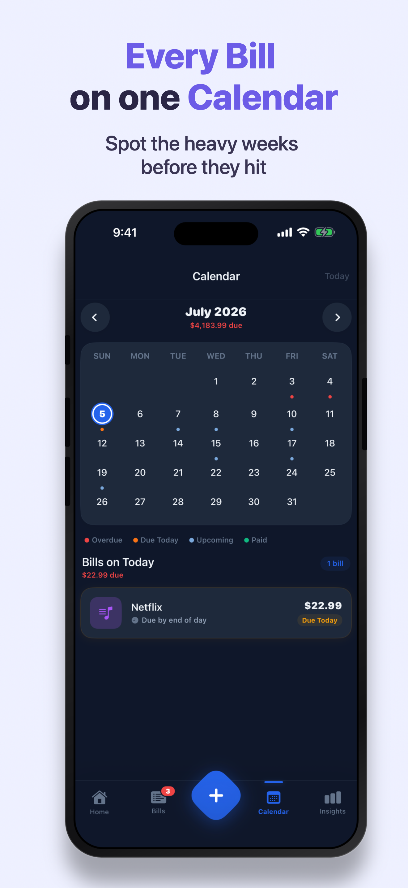 DueMinder monthly bill calendar showing every due date so you can spot heavy weeks before they hit.