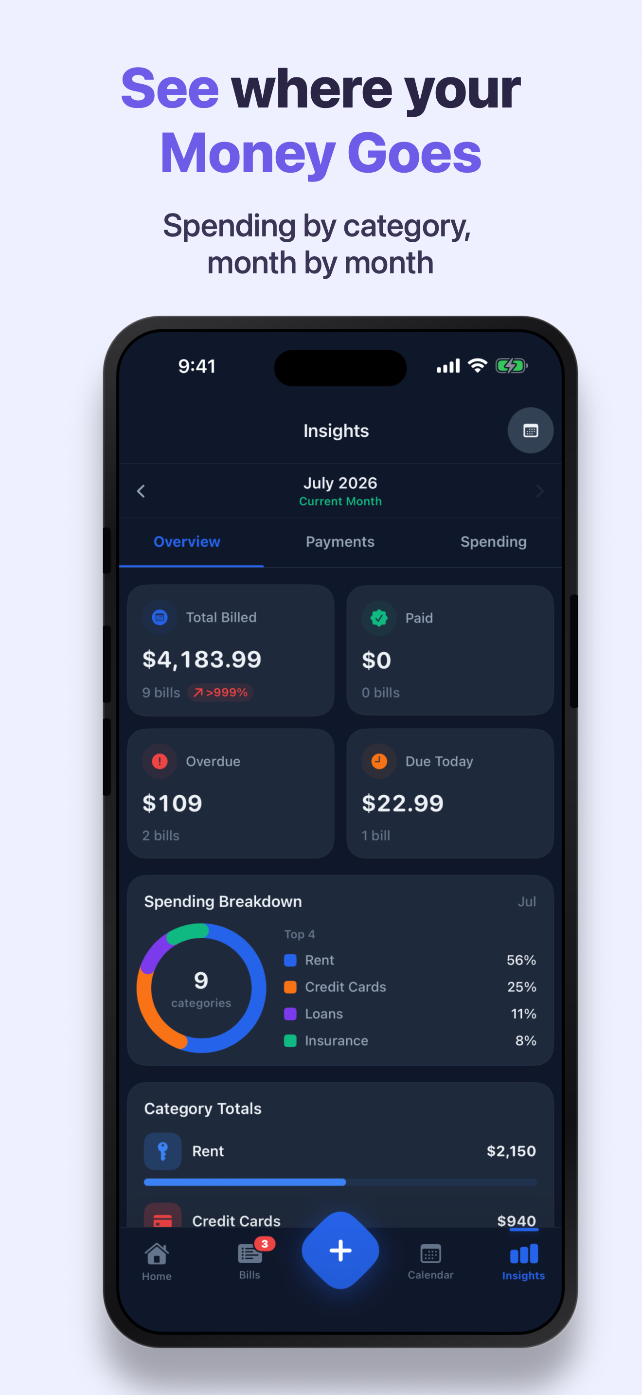 DueMinder Insights showing spending by category and totals, month by month.