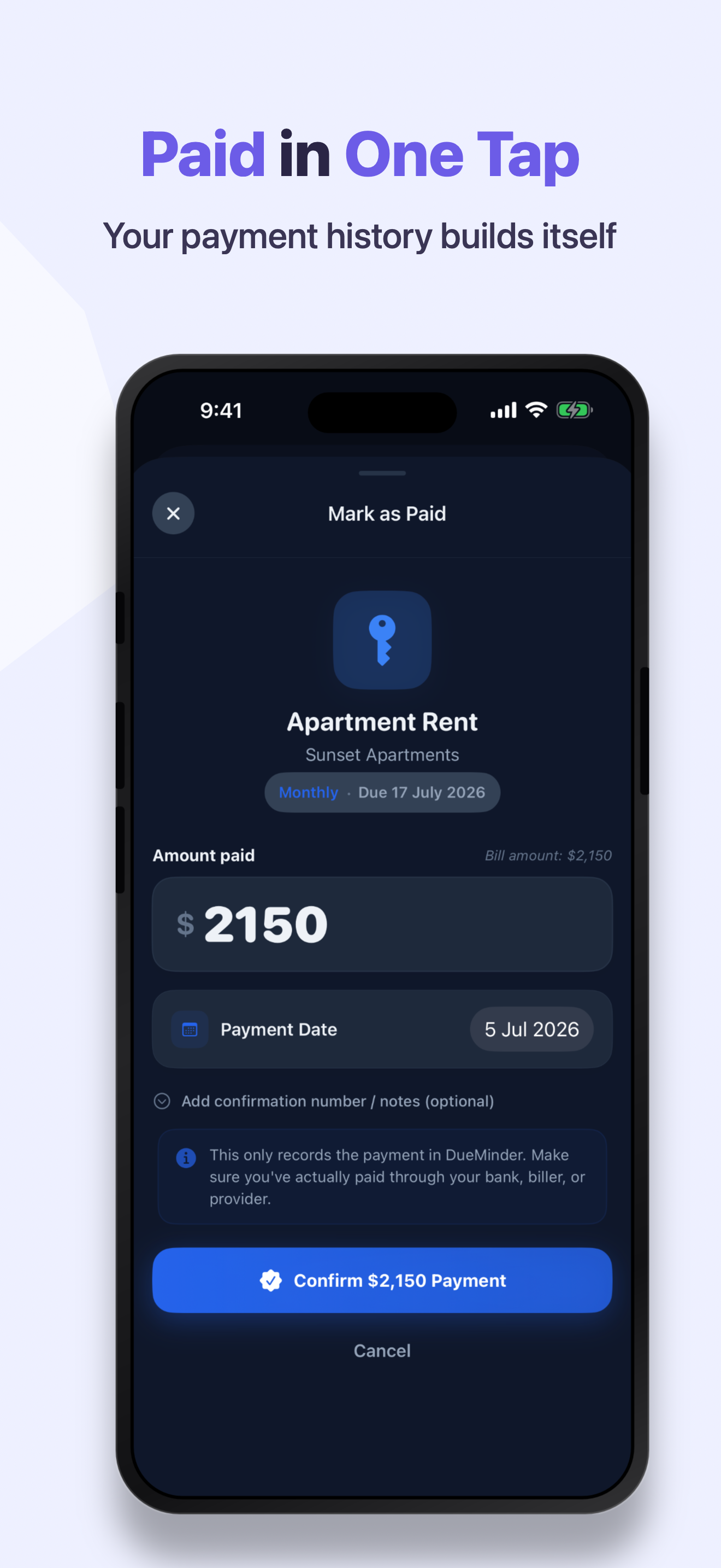 DueMinder Mark as Paid screen recording a payment in one tap, building your payment history automatically.