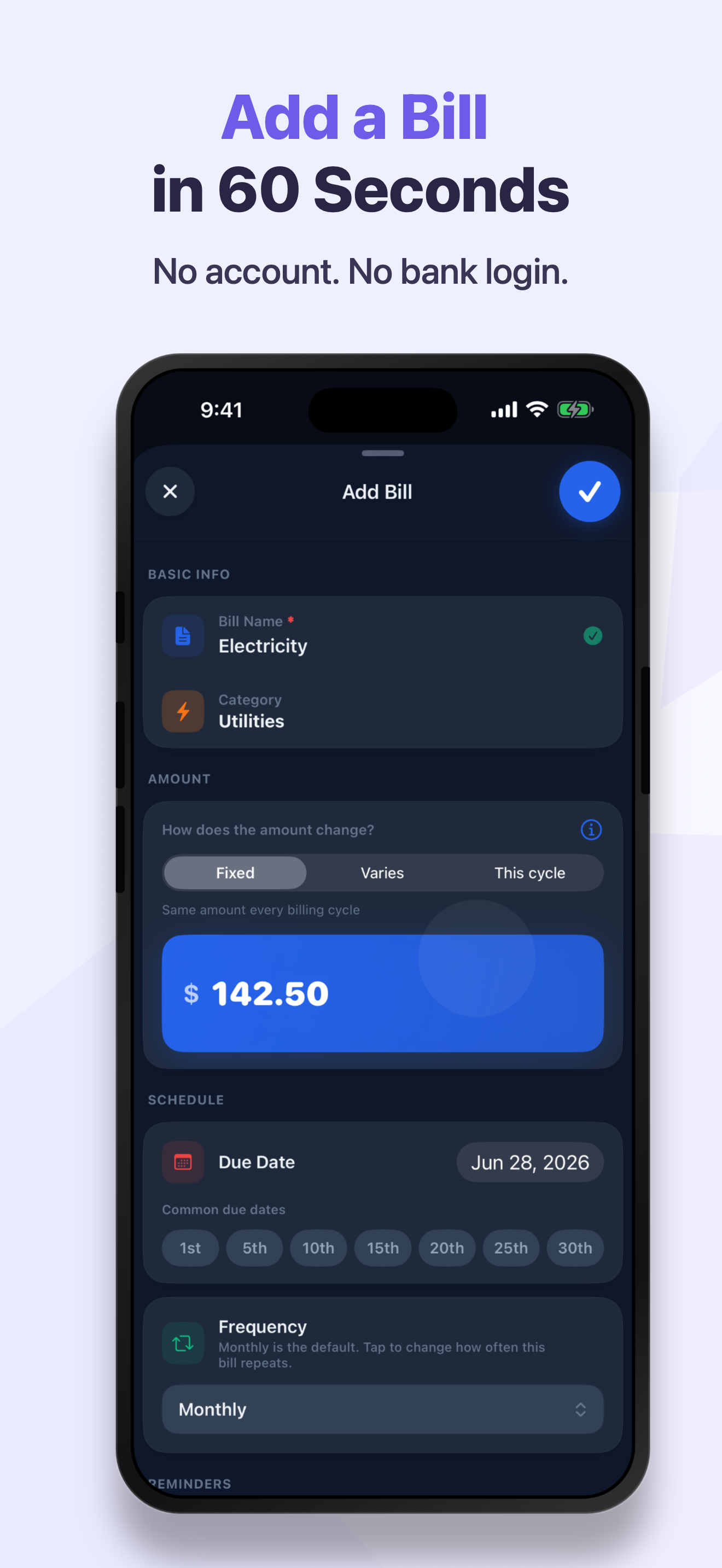 DueMinder Add a Bill screen: create a bill in about a minute, with no account and no bank login.